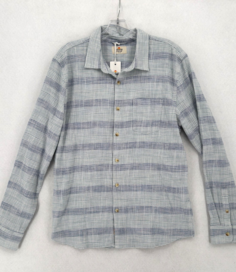 Marine Layer Mens Blue Baja Stripe Stretch Selvage Long Sleeve Shirt Sz M NEW